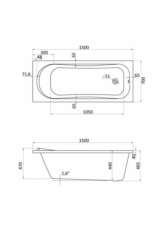 Ванна прямоугольная акриловая Santek Тенерифе 150 x 70  1WH302213 (без фронтального экрана)