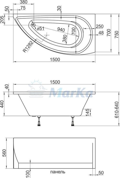 Ванна асимметричная акриловая 1MarKa углубленная, левая Piccolo 150х75 L