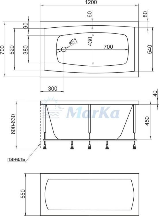 Ванна прямоугольная акриловая 1MarKa углубленная Viola 120х70