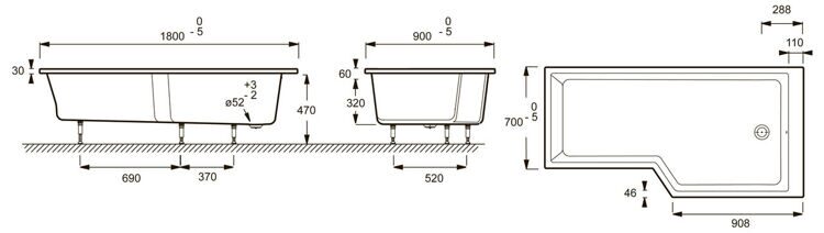 Ванна прямоугольная BAIN-DOUCHE NEO правая /180х90х70/ (бел) E6D004R-00 Jacob Delafon (Якоб Делафон)