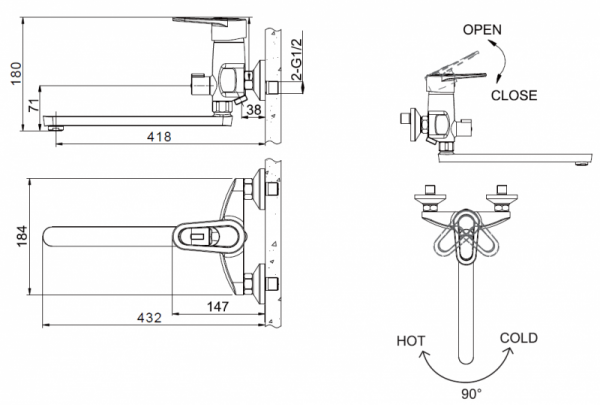 Смеситель для ванны c длинным изливом Loop Bravat F6124182CP-02L-RUS