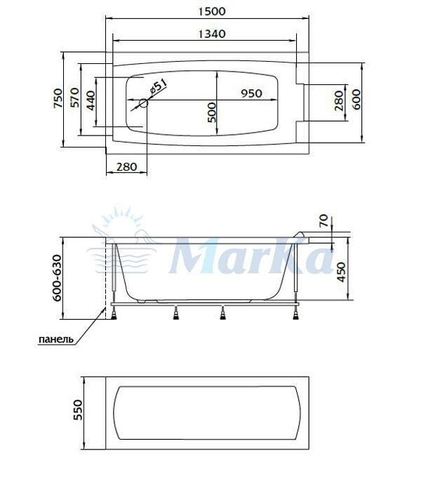 Ванна прямоугольная акриловая 1MarKa углубленная Aelita 150х75