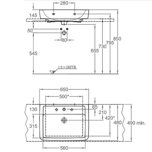 Раковина накладная Keramag 65x48 с отв. для смесителя Renova Nr.1 Plan F225165000