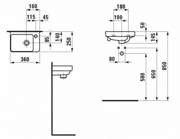 Раковина 36х25 Pro (белая) с 1 отв., полочка справа Laufen [1596.0.000.104.1]