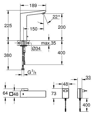 Смеситель Grohe Eurocube для раковины, сенсорный, с регулятором, от сети, хром 36440000