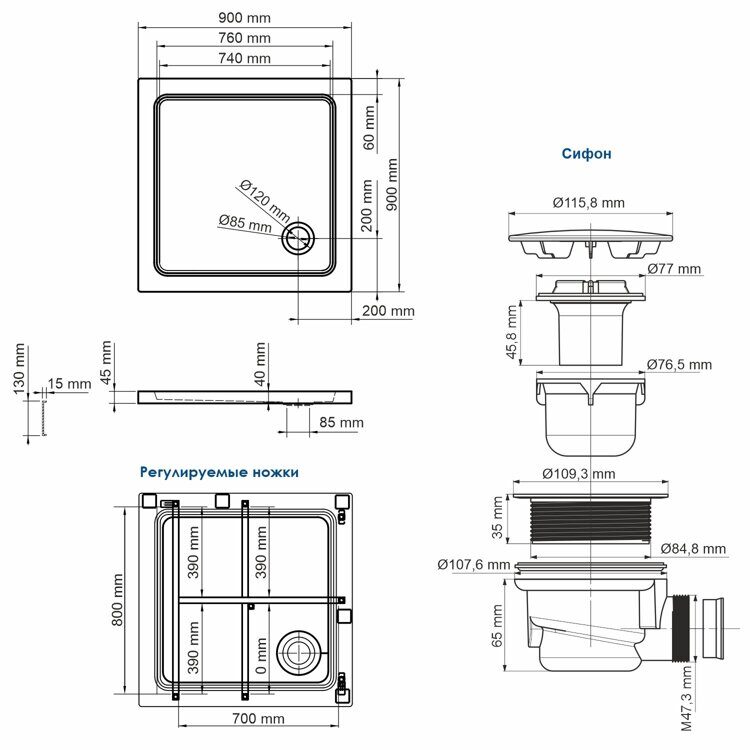 Душевой поддон WasserKRAFT Amper 90х90 см. (с сифоном)  29T03