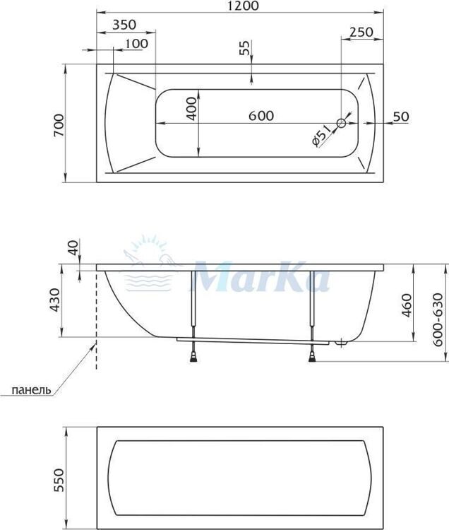 Ванна прямоугольная акриловая 1MarKa Modern 120х70