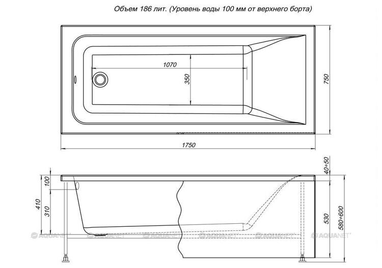 Ванна прямоугольная акриловая Aquanet Bright 175х75 см, белая 216295