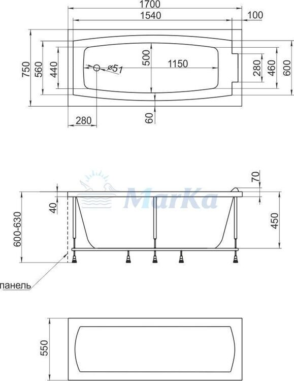 Ванна прямоугольная акриловая 1MarKa углубленная Aelita 170х75
