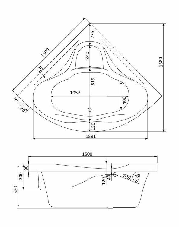 Ванна угловая акриловая Santek Сан-Паулу 150 x 150  1WH302399 (без фронтального экрана)