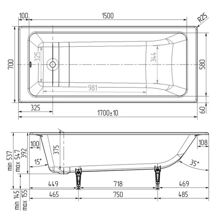 Ванна прямоугольная чугунная Wotte Line 170х70 см, белая