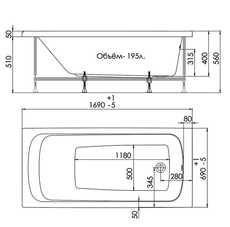 Ванна прямоугольная акриловая 1ACReal Gamma 170х70 см