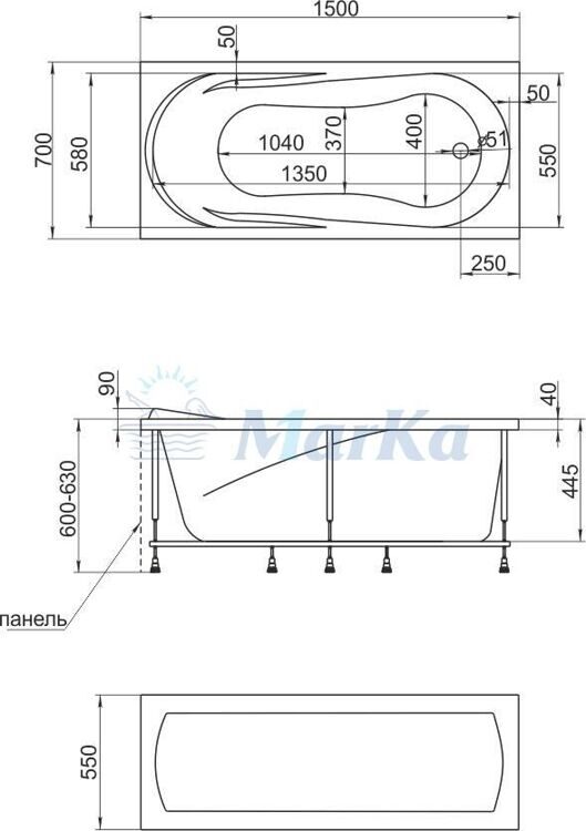 Ванна прямоугольная акриловая 1MarKa углубленная Medea 150х70