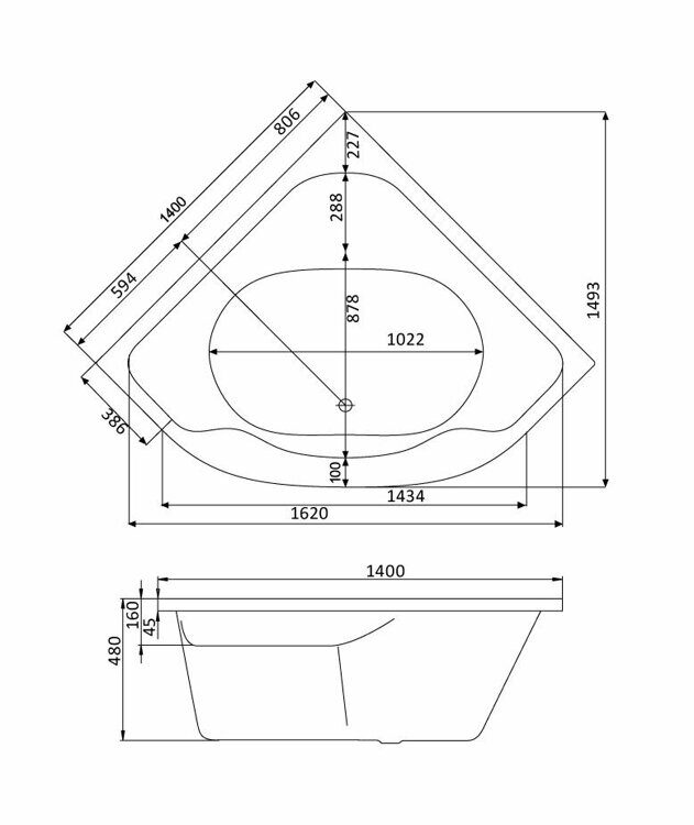 Ванна угловая акриловая Santek Мелвилл 140 x 140  1WH302402 (без фронтального экрана)