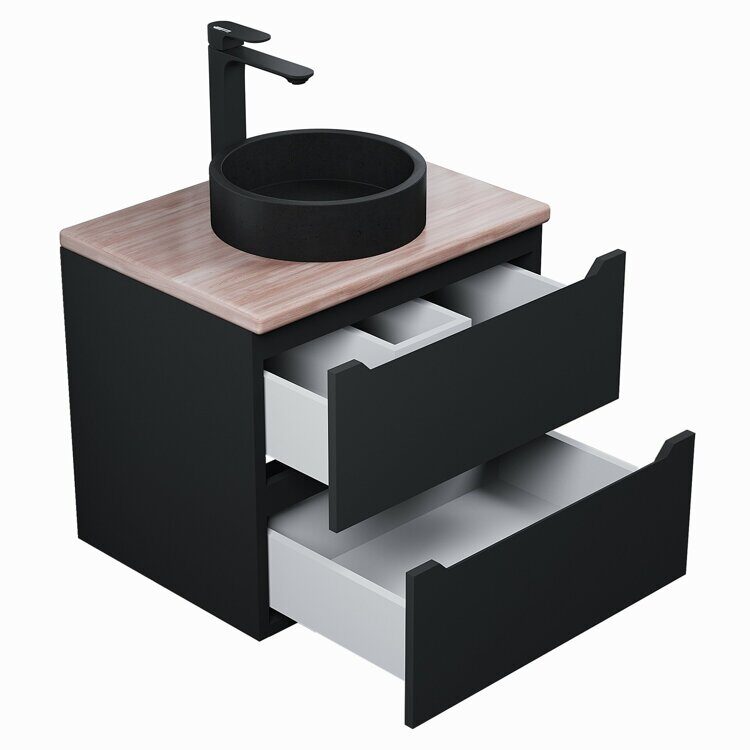 Тумба с раковиной Uperwood Tanos 60х45 см, подвесная черная, столешница бук светлый, раковина Round черная 2910210413