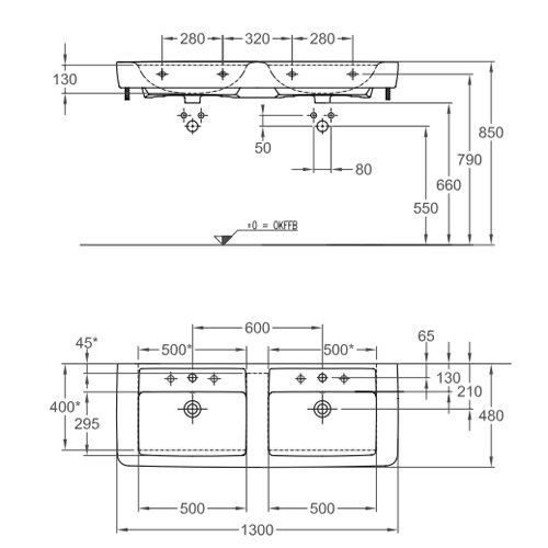 Раковина подвесная Keramag двойная 130x48 с 2 отв. для смесителя Renova Nr.1 Plan F122130000