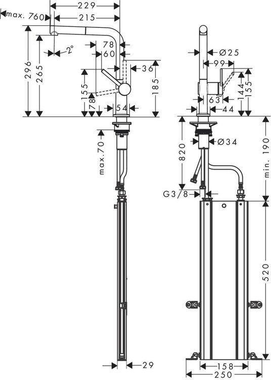 Смеситель Hansgrohe Talis M54 для кухни, с вытяжным изливом 1jet, хром, в комплекте с sBox 72809000