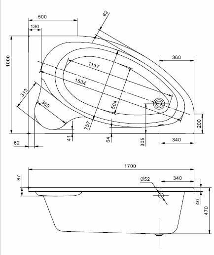 Ванна асимметричная акриловая Santek Эдера 170 x 100 R  1WH501663 (без фронтального экрана)