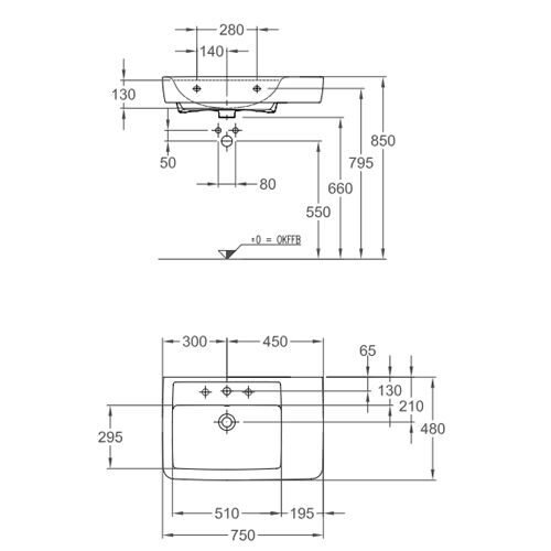 Раковина подвесная Keramag 75x48 с отв. для смесителя, с полочкой справа Renova Nr.1 Plan F122180000