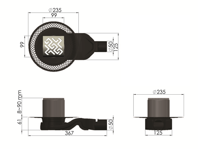 Душевой трап Berges PLATZ Antik 100х100, матовый хром, боковой выпуск S-сифон D50 H60 090160