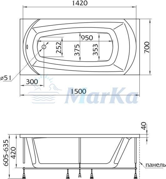 Ванна прямоугольная акриловая 1MarKa Elegance 150х70