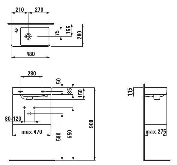 Раковина 48х28 Pro (белая) с 1 отв., полочка слева Laufen [1595.5.000.104.1]