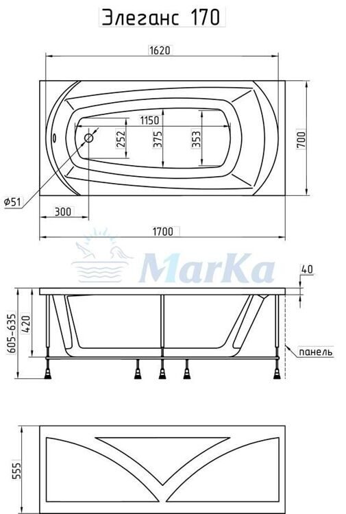 Ванна прямоугольная акриловая 1MarKa Elegance 170х70